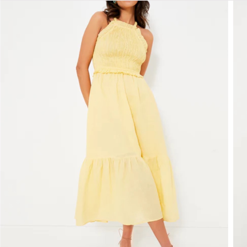 Sea New York Yellow Cole Smocked Ramie Midi Dress